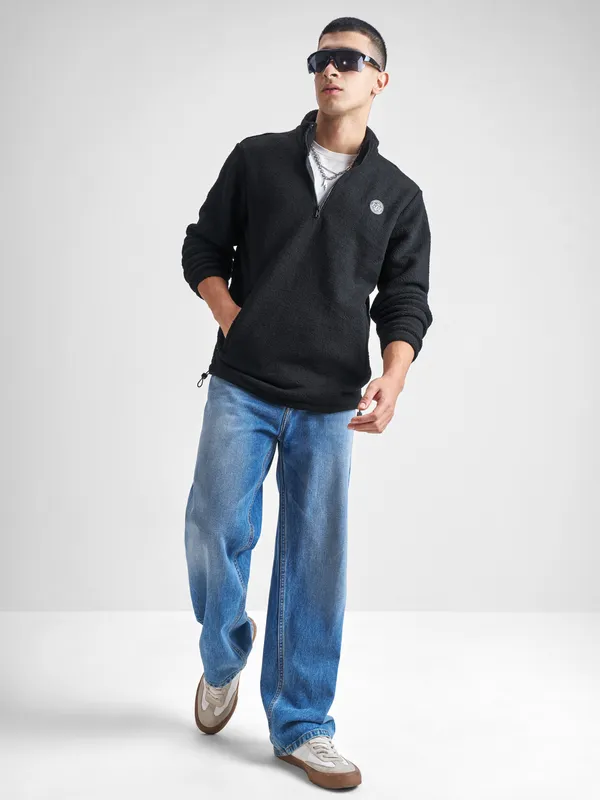 Highlander Men Black Mock Collar Pullover Sweatshirt