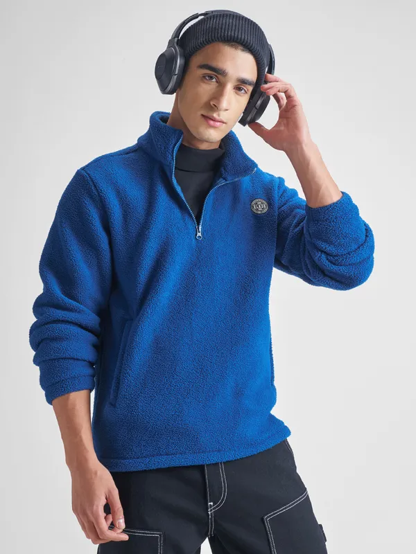 Highlander Men Blue Mock Collar Pullover Sweatshirt