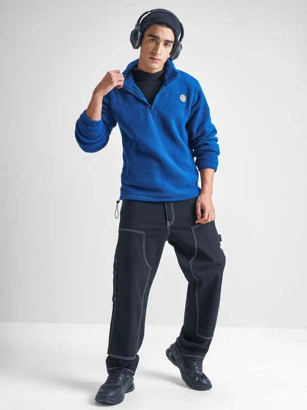 Highlander Men Blue Mock Collar Pullover Sweatshirt