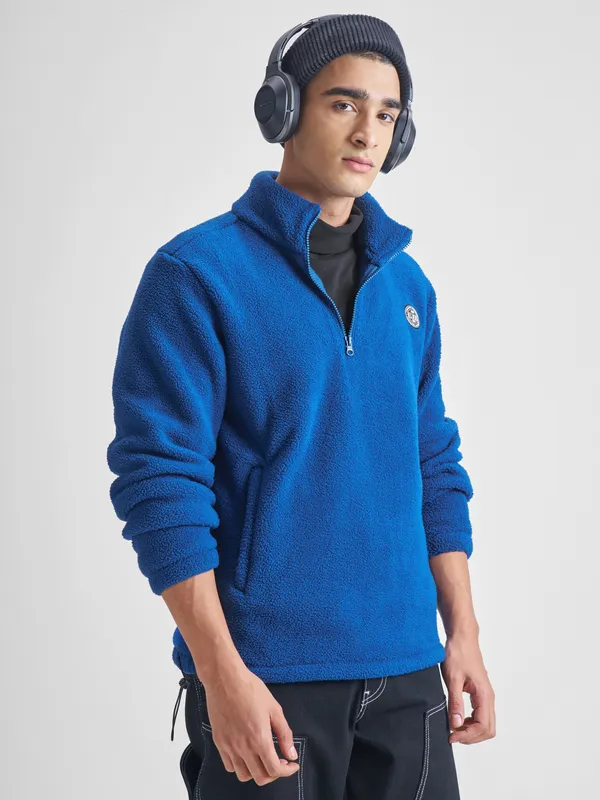 Highlander Men Blue Mock Collar Pullover Sweatshirt