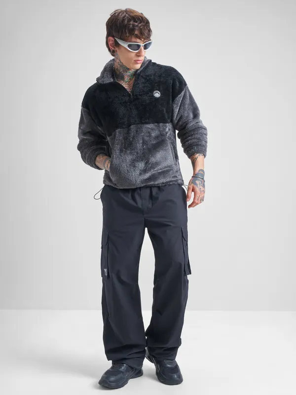 Highlander Men Black Mock Collar Pullover Sweatshirt