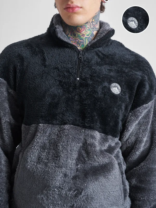 Highlander Men Black Mock Collar Pullover Sweatshirt