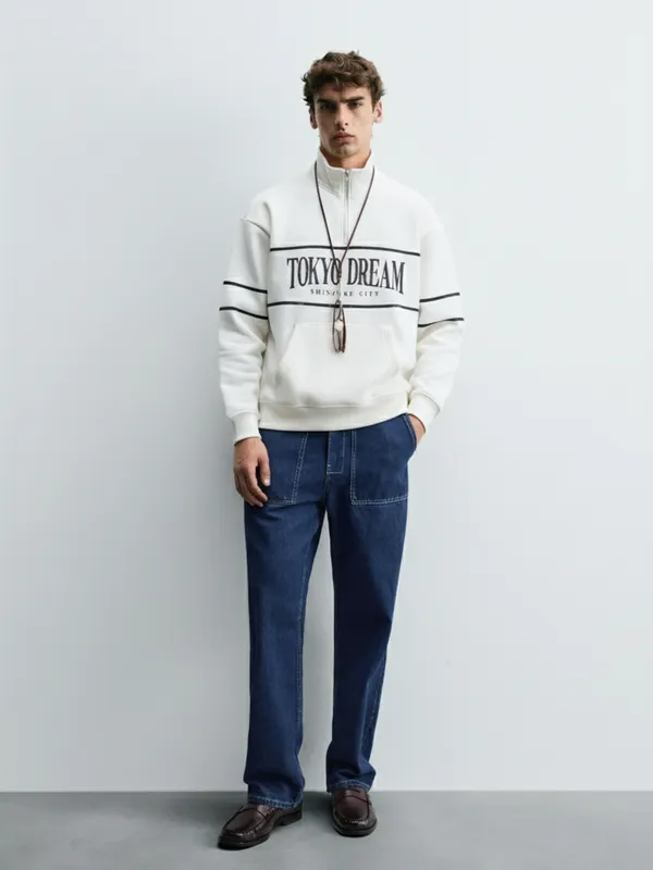 Highlander Men White Mock Collar Pullover Sweatshirt