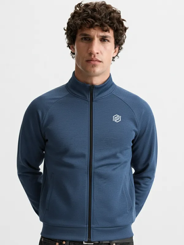 Highlander Men Navy Blue Mock Collar Front-Open Sweatshirt