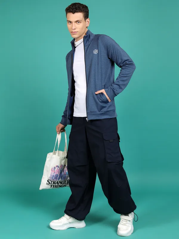 Highlander Men Navy Blue Mock Collar Front-Open Sweatshirt