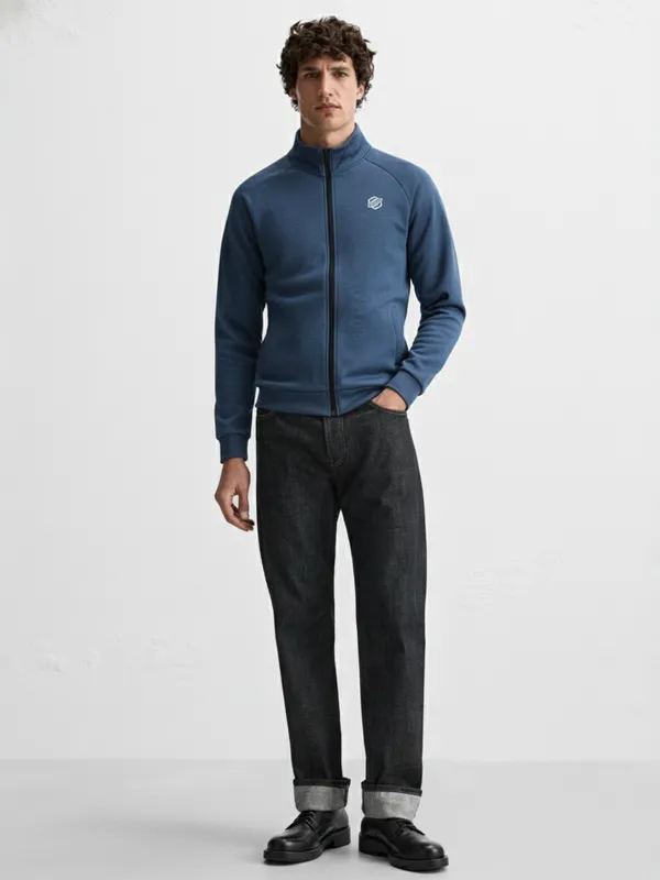 Highlander Men Navy Blue Mock Collar Front-Open Sweatshirt