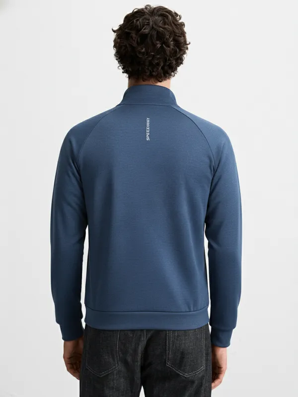 Highlander Men Navy Blue Mock Collar Front-Open Sweatshirt