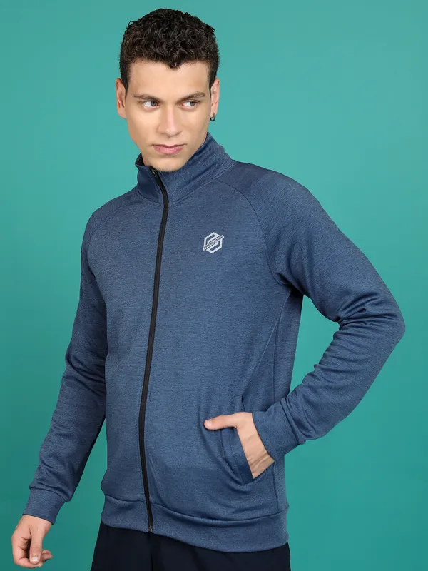 Highlander Men Navy Blue Mock Collar Front-Open Sweatshirt