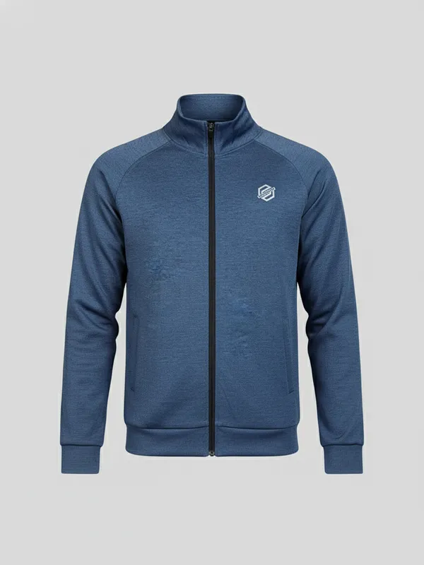 Highlander Men Navy Blue Mock Collar Front-Open Sweatshirt