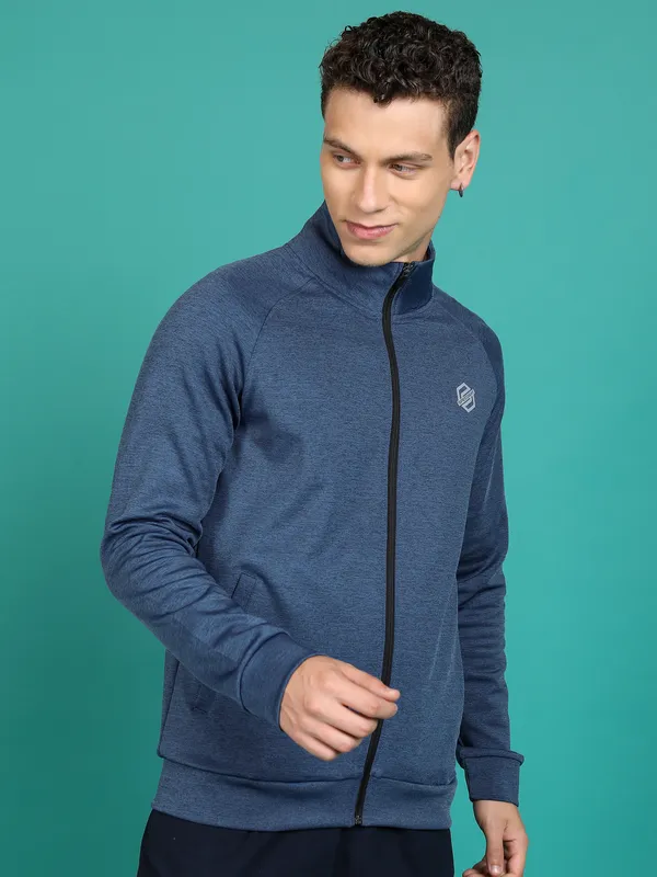 Highlander Men Navy Blue Mock Collar Front-Open Sweatshirt