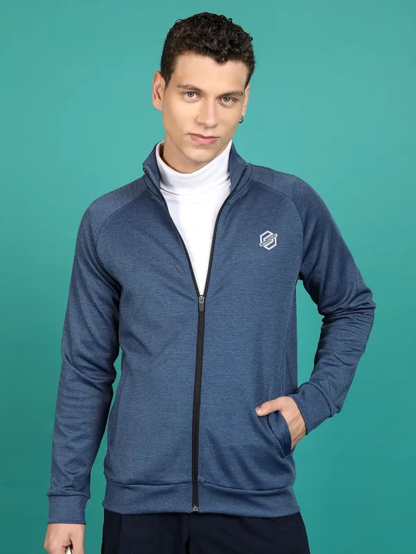 Highlander Men Navy Blue Mock Collar Front-Open Sweatshirt