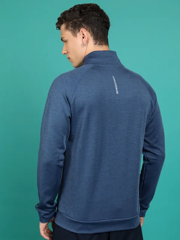 Highlander Men Navy Blue Mock Collar Front-Open Sweatshirt