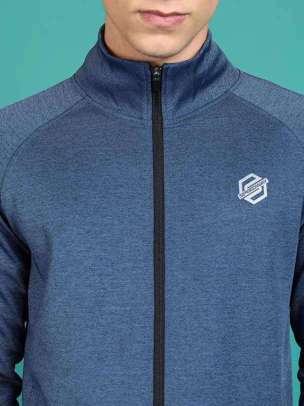 Highlander Men Navy Blue Mock Collar Front-Open Sweatshirt