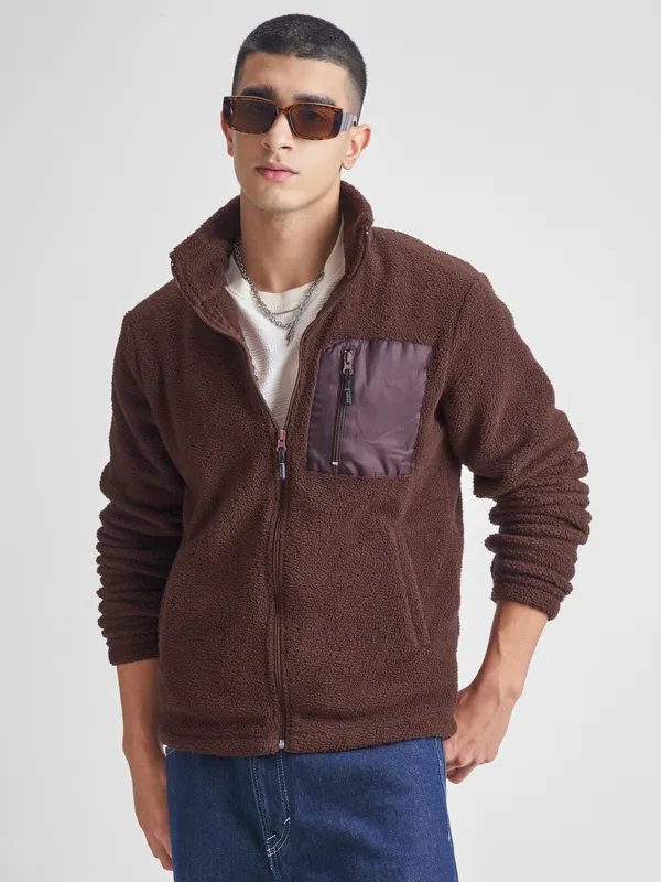 Highlander Men Brown Mock Collar Front-Open Sweatshirt