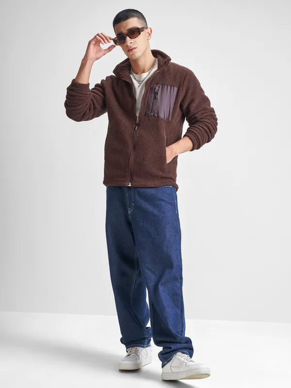 Highlander Men Brown Mock Collar Front-Open Sweatshirt