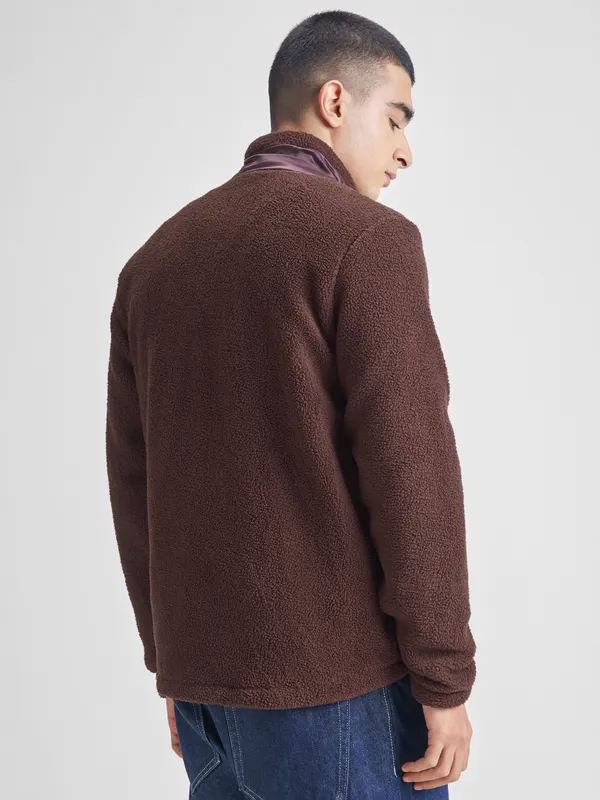 Highlander Men Brown Mock Collar Front-Open Sweatshirt