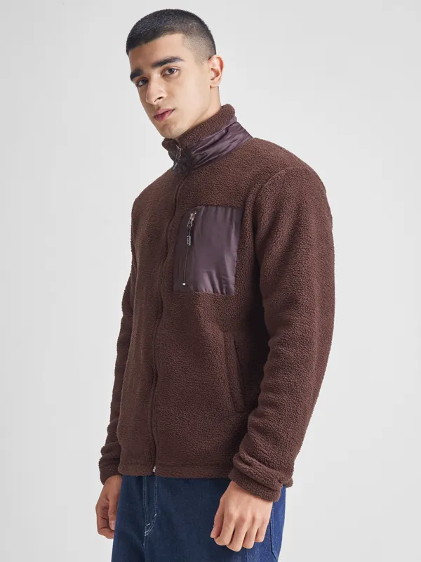 Highlander Men Brown Mock Collar Front-Open Sweatshirt