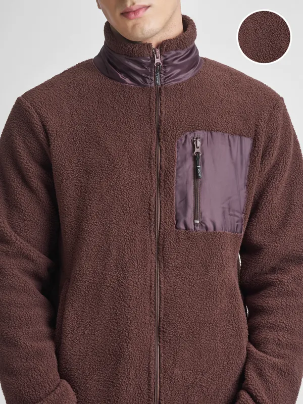 Highlander Men Brown Mock Collar Front-Open Sweatshirt