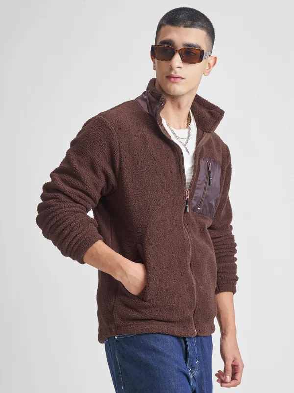 Highlander Men Brown Mock Collar Front-Open Sweatshirt