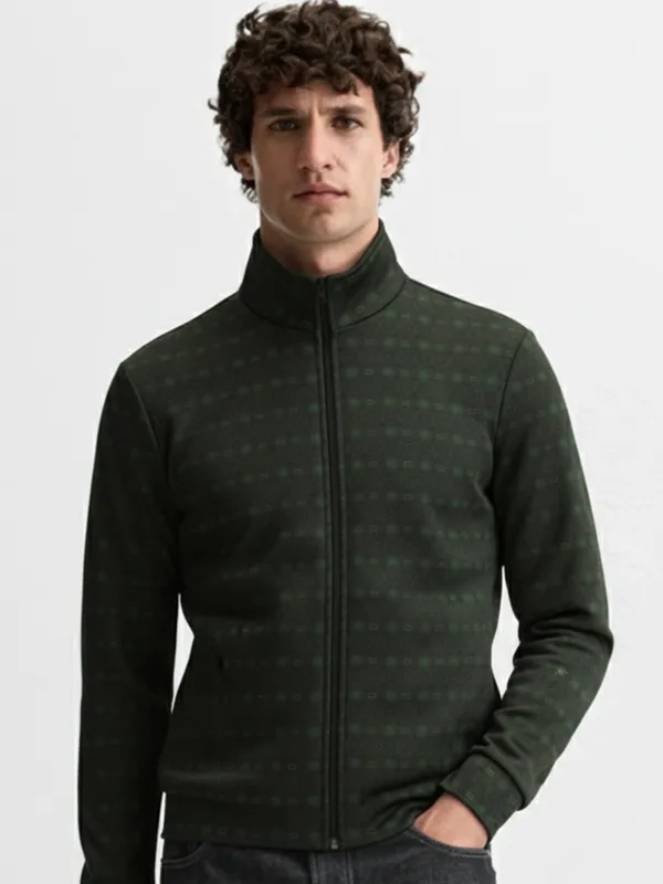 Highlander Men Green Mock Collar Front-Open Sweatshirt