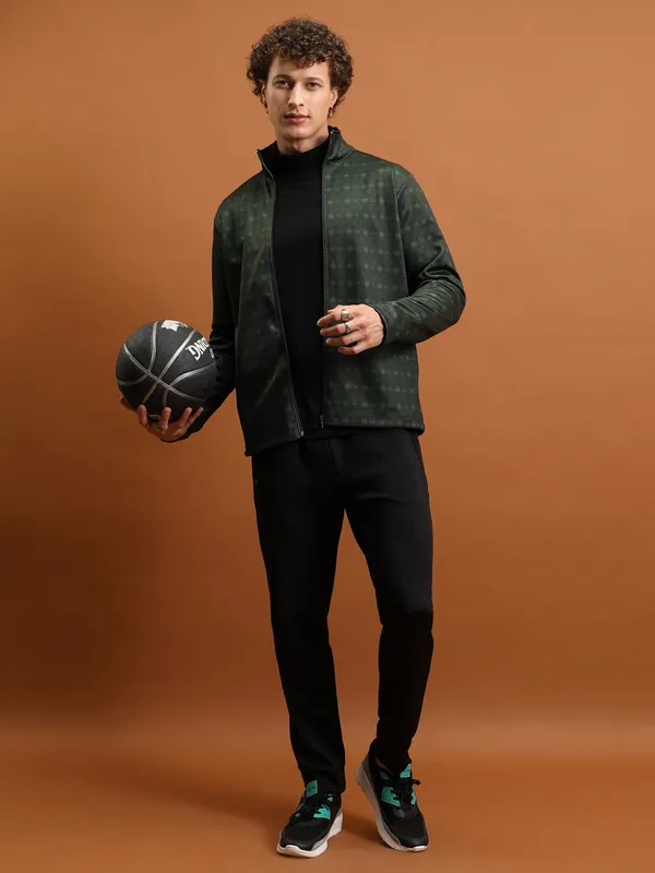 Highlander Men Green Mock Collar Front-Open Sweatshirt