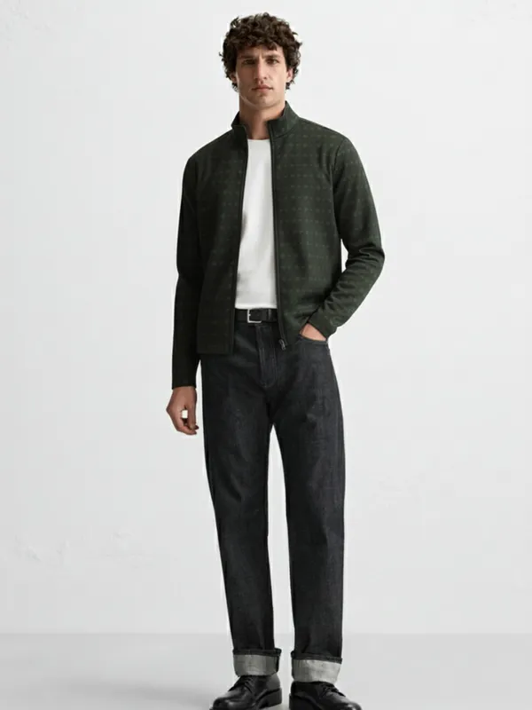 Highlander Men Green Mock Collar Front-Open Sweatshirt