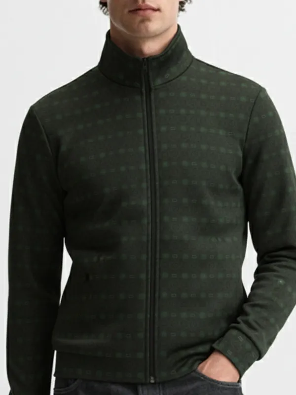 Highlander Men Green Mock Collar Front-Open Sweatshirt