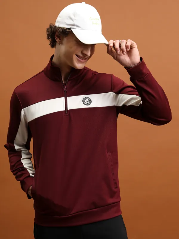 Highlander Men Maroon Mock Collar Pullover Sweatshirt