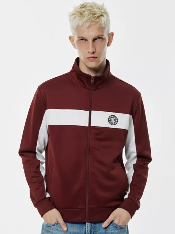 Highlander Men Maroon Mock Collar Front-Open Sweatshirt