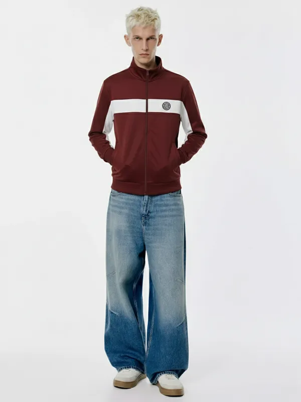 Highlander Men Maroon Mock Collar Front-Open Sweatshirt