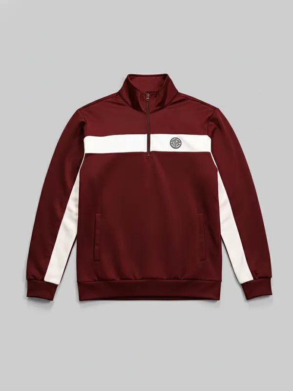 Highlander Men Maroon Mock Collar Front-Open Sweatshirt