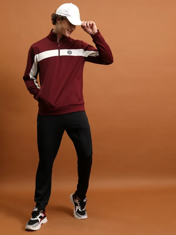 Highlander Men Maroon Mock Collar Front-Open Sweatshirt