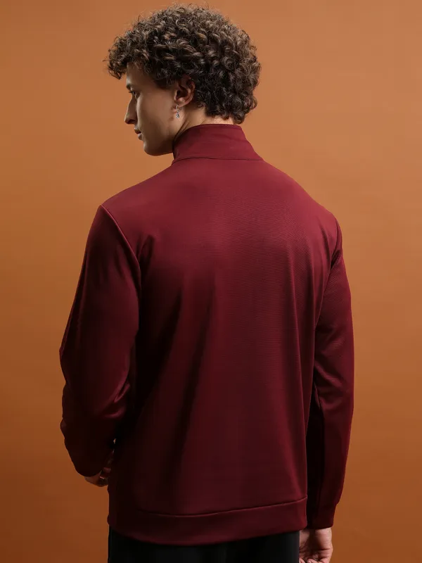 Highlander Men Maroon Mock Collar Front-Open Sweatshirt