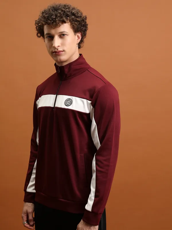 Highlander Men Maroon Mock Collar Front-Open Sweatshirt