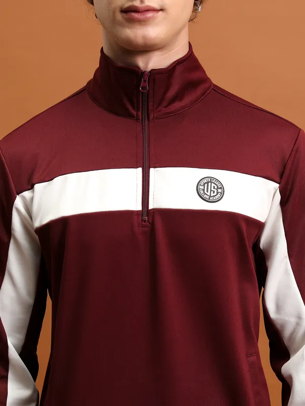 Highlander Men Maroon Mock Collar Front-Open Sweatshirt