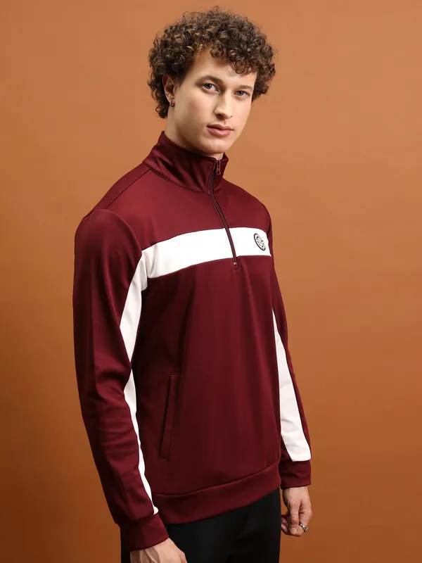 Highlander Men Maroon Mock Collar Front-Open Sweatshirt