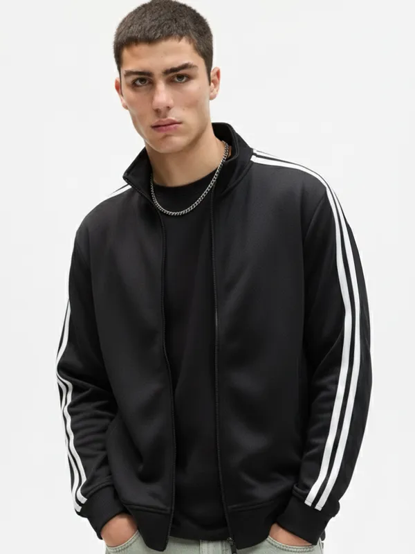 Highlander Men Black High Neck Front-Open Sweatshirt