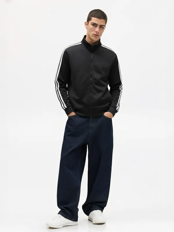 Highlander Men Black High Neck Front-Open Sweatshirt