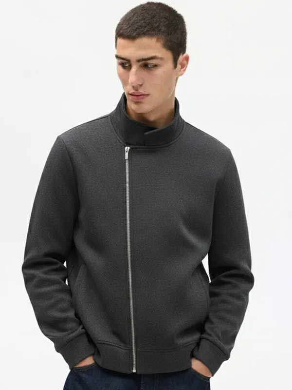 Highlander Men Grey Shirt Collar Front-Open Sweatshirt