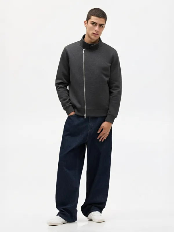 Highlander Men Grey Shirt Collar Front-Open Sweatshirt