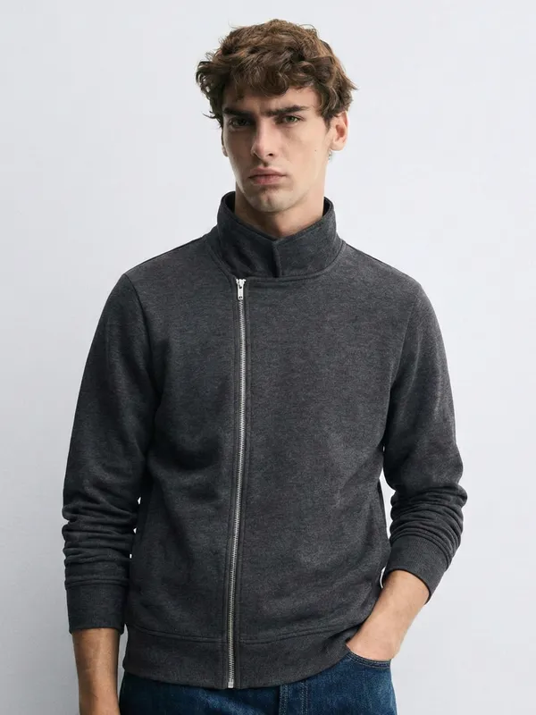 Highlander Men Grey Shirt Collar Front-Open Sweatshirt