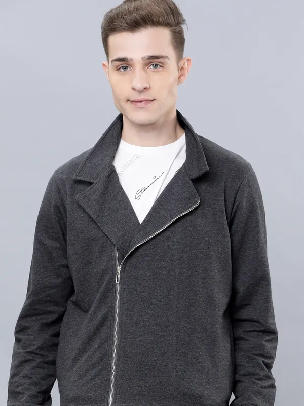 Highlander Men Grey Shirt Collar Front-Open Sweatshirt