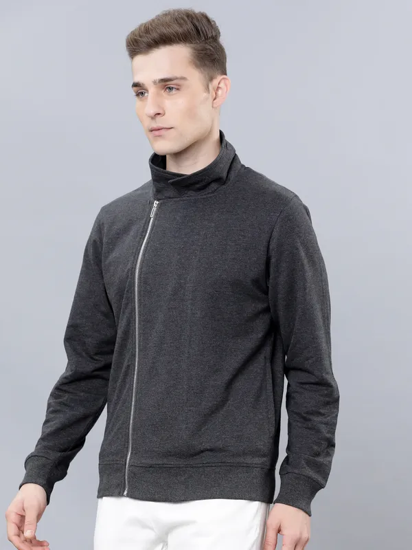 Highlander Men Grey Shirt Collar Front-Open Sweatshirt