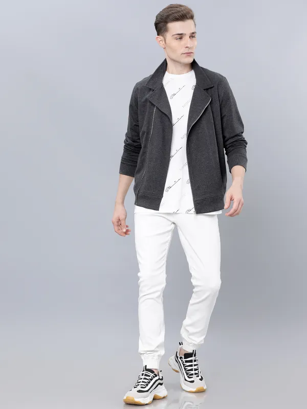 Highlander Men Grey Shirt Collar Front-Open Sweatshirt