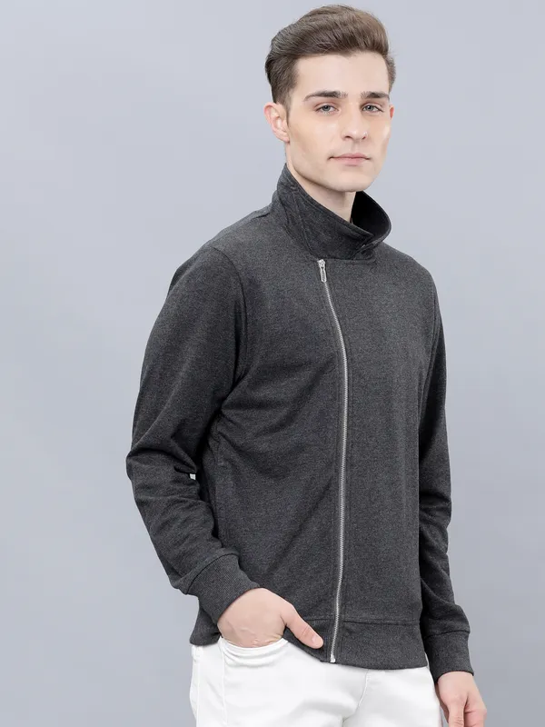 Highlander Men Grey Shirt Collar Front-Open Sweatshirt