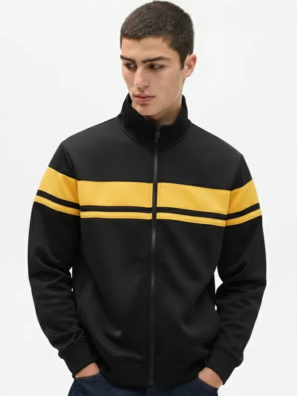 Highlander Men Black High Neck Front-Open Sweatshirt