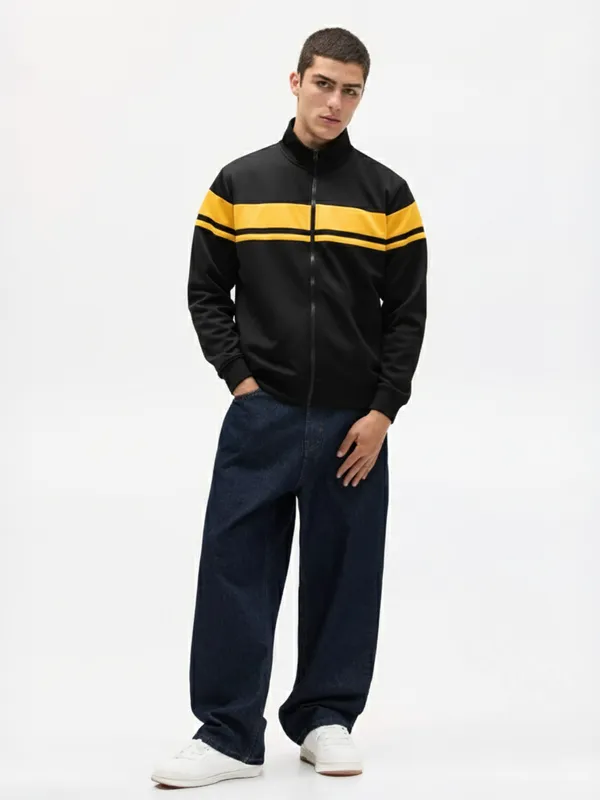 Highlander Men Black High Neck Front-Open Sweatshirt