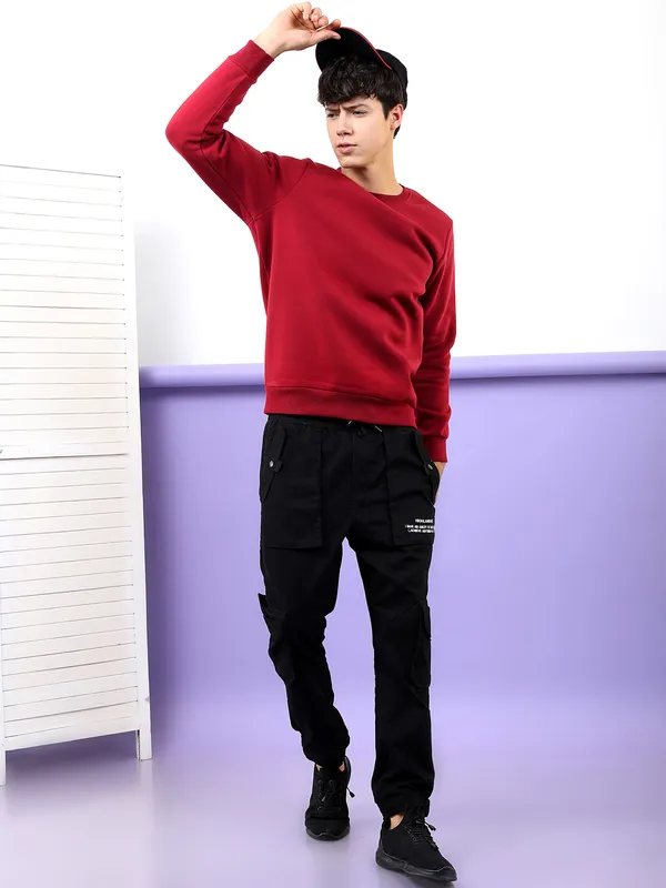 Highlander Men Maroon Round Neck Pullover Sweatshirt