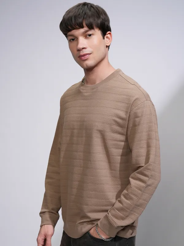 Highlander Men Brown Round Neck Pullover Sweatshirt