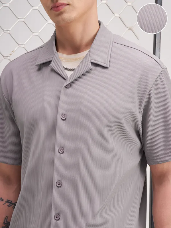 Highlander Men Grey Self Design Relaxed Fit Casual Shirt